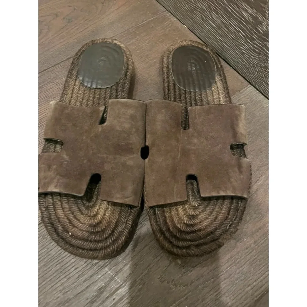 Hermès Izmir Brown Suede Leather H Slide Sandals Men's EU 41 US 8 Made Spain